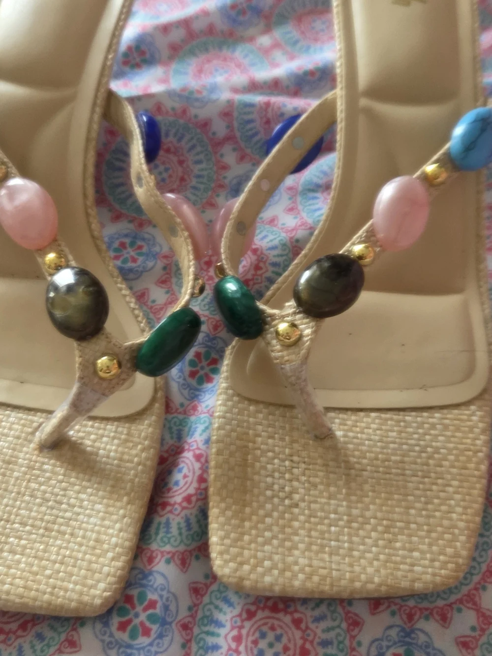 SHEIN Beige Jeweled Thong Heels with Multicolored Gem Accents